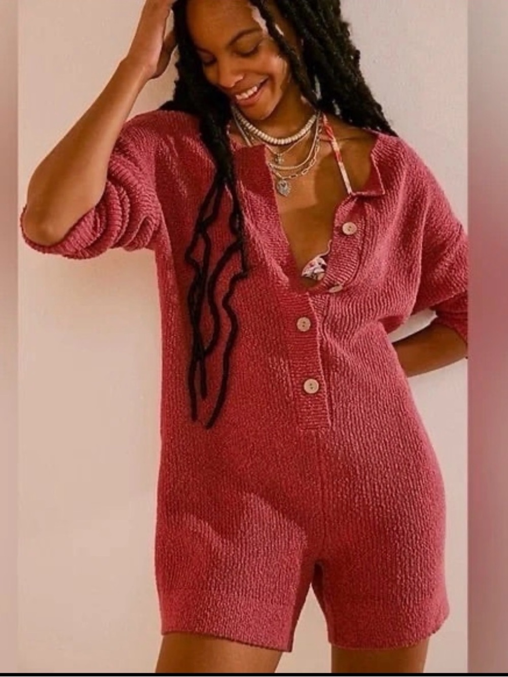 NWT Free People BEACH Sweater Romper in a textured, rusted coral knit. SizeM